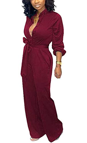 Aro Lora Women s Deep V Neck Long Sleeve Button Down One Piece Wide Leg Jumpsuit Romper X-Large Wine Red