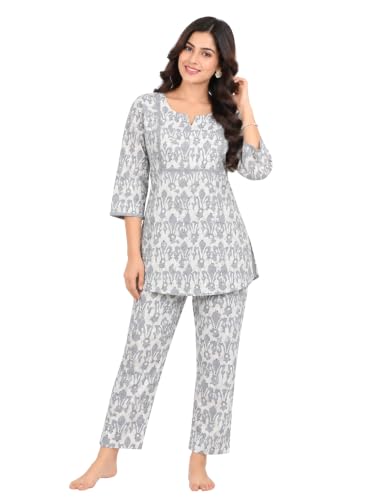 Image of 9shines Label Pure Cotton Printed Women Top & Pyjama Set | Pyjama co-ord Set | Night Suit | Lounge wear for Home | Nightwear Set for Women | Night Dress for Women Stylish (COPJ-5)