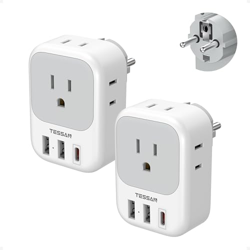 TESSAN 2 Pack Type E F Plug Adapter Germany France Power Travel Adaptor with 3 USB Charger(1 USB C PD 20W) 4 Outlets Schuko Plug for US to Europe Spain Iceland Korea Greece Russia German French