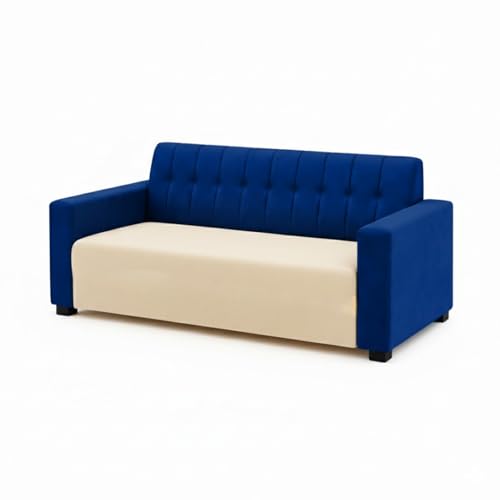 Image of FURNY Luxora 2 Seater Fabric Sofa Set (Dark Blue-Cream) with Velvet Finish | Durable Comfort | Ideal for Living Room | Breathable material