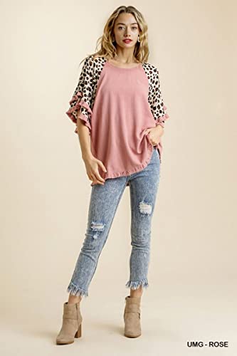Umgee Usa Umgee Women's Leopard Frayed Bell Sleeve Tunic Top (1X, Rose) #TOP5