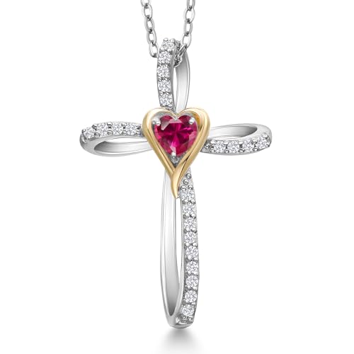 Gem Stone King Cross Necklace For Women | 925 Silver and 10K Yellow Gold | 4MM Heart Shape Gemstone Birthstone and White Lab Grown Diamond Cross Pendant Necklace For Women