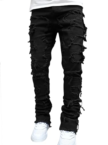 Ytfsrukp Mens Black Stacked Jeans Slim Fit Ripped Jeans Destroyed Straight Denim Pants Harajuku Hip Hop Trouser Streetwear3