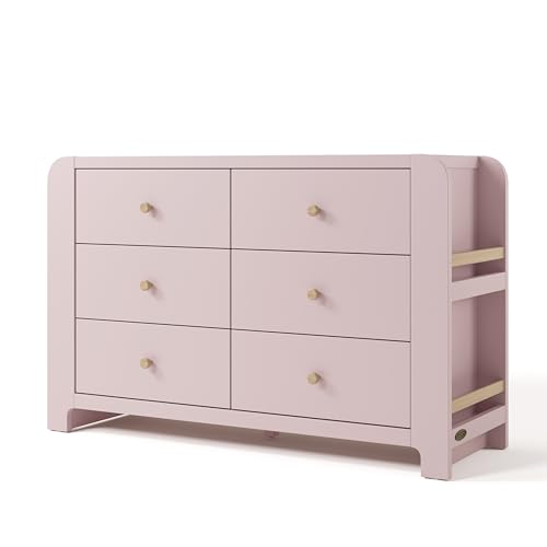 Image of Graco Read-with-Me 6 Drawer Dresser with Bookshelves (Blush with Driftwood) – GREENGUARD Gold Certified Storage for Baby and Kids Room, Interlocking Drawer System