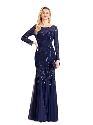 Long Sleeve Sequin Evening Dress Glitter Mermaid Long Gown for Mother of The Bride Or Wedding Guest