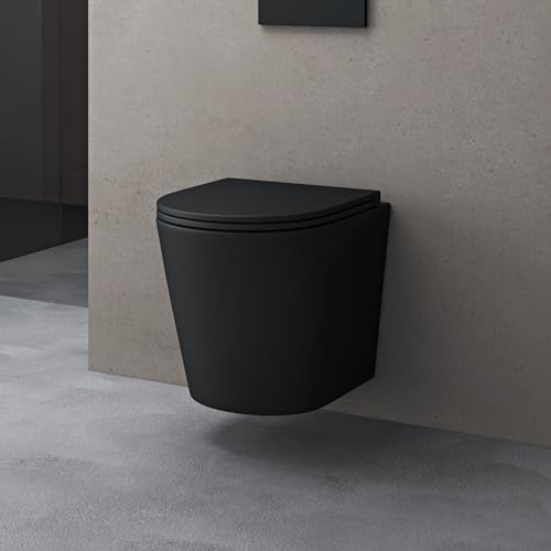 doporro Inodoro Suspendido Negro Mate – Taza Sin Reborde de Cerámica, Asiento con Cierre Suave, Diseño Moderno Montaje Mural, Fácil de Limpiar, 35x51x36 cm, Aachen108