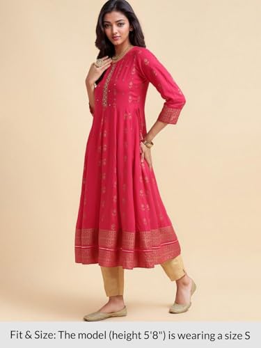 Image of rangita Pink Rayon Calf Length Embroidered Anarkali Kurti for Women | Kurta for Women