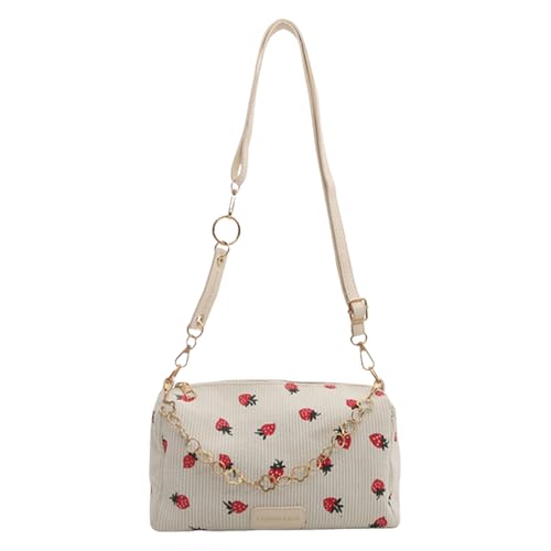 Kalttoy Bolso de mano informal de pana para mujer, diseño de fresas, con cadena, bandolera, bolso de mano para viajes y uso diario, bolso de mensajero femenino de moda, White, One Size