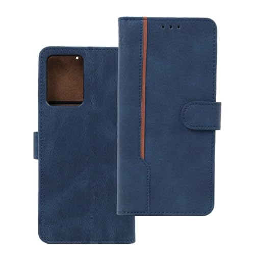 Image of amazon basics Moto Edge 70 5G Flip Cover | Card Pockets Wallet & Stand | Flip Cover for Moto Edge 70 5G (Blue with Beige Strip)