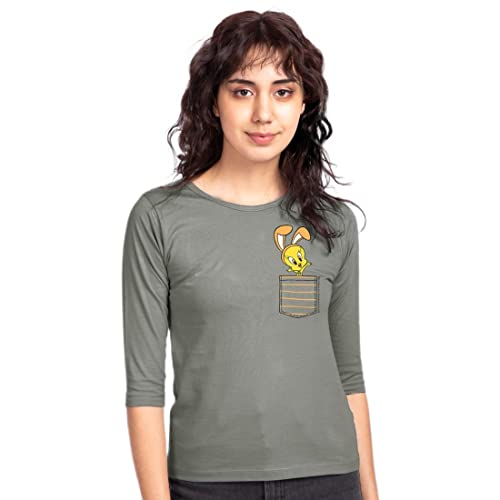 Image of Bewakoof Women's Cute Tweety Pocket 44624 Graphic Grey Round Neck Three-Fourth Sleeve T-Shirt