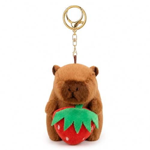 Image of Wanna Party Cute Capybara Plush Keychain with Strawberry, Soft Stuffed Toy Bag Charm with Metal Key Ring