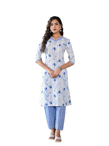 Image of Juniper Blue Floral Printed Cotton Kurta & Pant Set With Lace