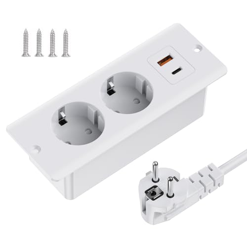 Tischplatte Versenkbare Steckdose mit 1 USB und 1 Type-C Einbausteckdose Steckdosenleiste mit 2m Kabel Tischsteckdose für Tischplatte oder Arbeitsflächen - Weiß
