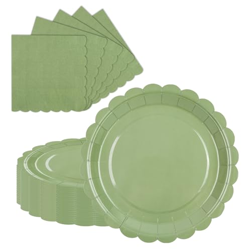 LDFDRT vert sauge Vaisselle de fête d'anniversaire, assiettes en carton et serviettes, 23 cm, 20 pièces et serviettes de fête en papier, pour mariage,...