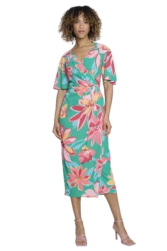 Image of Maggy London Women's Floral Midi Summer Dress for Women with Faux-wrap Bodice and V-Neckline, Wedding Guest Dress