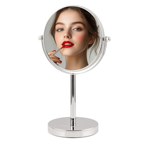 Image of OVENTE 6'' Tabletop Vanity Makeup Mirror, Polished Chrome MNLT60CH1X7X | Double Sided Round Magnifying Table Mirror with 1X /7X Magnification, 360 Rotation, Perfect for Dresser Bedroom Office Travel