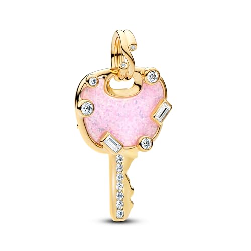 PANDORA Moments 764349C01 - Colgante grande con diseño de llave de amor rosa iridiscente con aleación de metal chapado en oro de 14 quilates y circonitas, compatible con ME y Moments