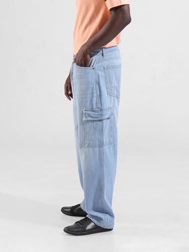Image of The Indian Garage Co Men Baggy Solid Mid-Rise Cargo Jeans