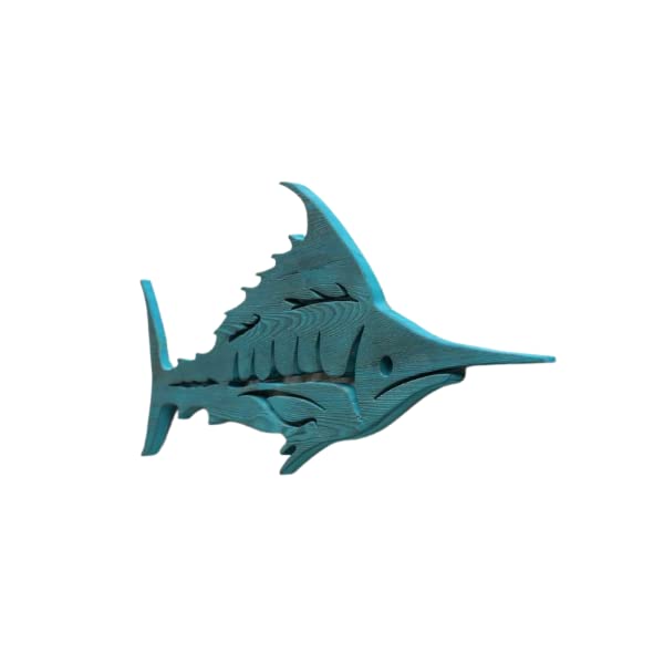 Bamboo BGWooden Marlin Wall Art, Hand Carved Fish Wall Art, Coastal Wood Wall Decor, Wood Fish Sculpture (Blue)