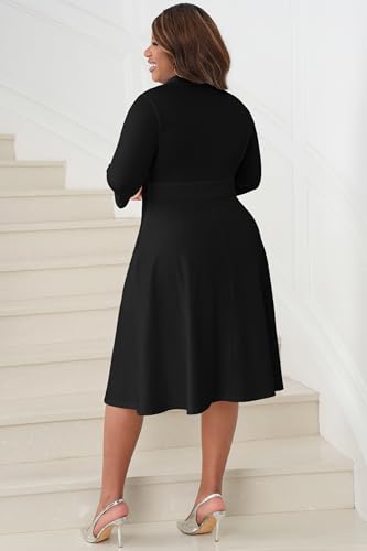 Image of Nmoder Casual Dresses for Women Semi Formal Fit and Flare 3 /4 Sleeve V Neck Cocktail Church Midi Dress with Pockets