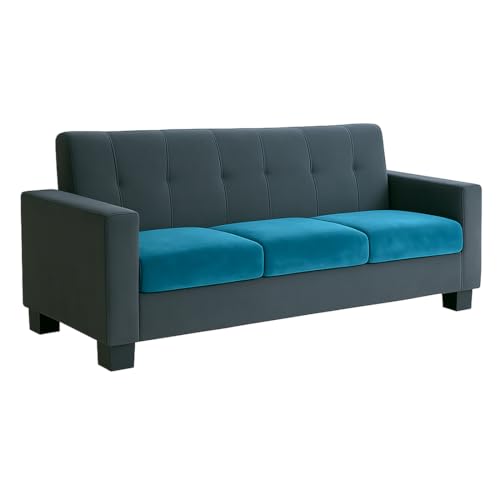 Image of Furny Homeway 3 Seater Fabric Sofa Set (Teal Blue-Dark Grey) | Soft Velvet Fabric | Modern Design | Comfortable Seating | Living Room Furniture