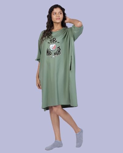 Image of LAMA STORE Women's Printed Oversized T-Shirt Dress, Cotton, 3 /4 Sleeve Length, Casual Loose Fit, Comfort Wear Extra Comfy Oversized Printed Pocket T-Shirt Dress