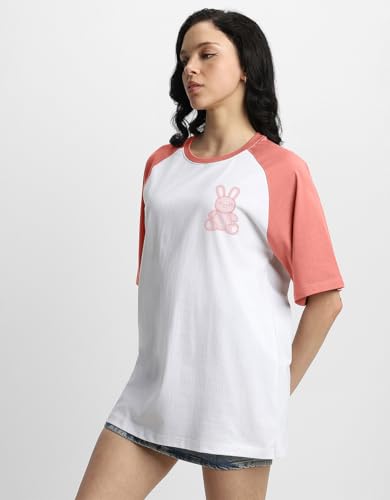 Image of JUNEBERRY 100% Pure Cotton Oversized Baggy Fit Drop Shoulder Round Neck Graphic Printed Raglan Sleeve T-Shirt for Women (Sizes: S to 2XL)