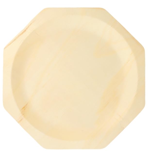 50 Platos de Madera Octogonales Ø26cm, Biodegradables, Platos para Comida, Tiendas, Eventos