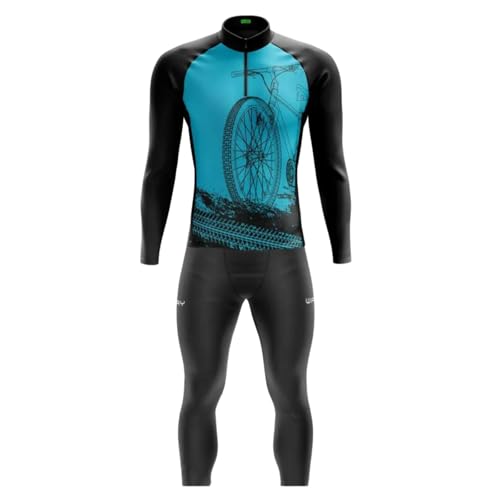 Conjunto de Ciclismo Masculino Camisa Manga Longa Azul + Calça Acolchoada Forro GEL Bike Roupa Cicli