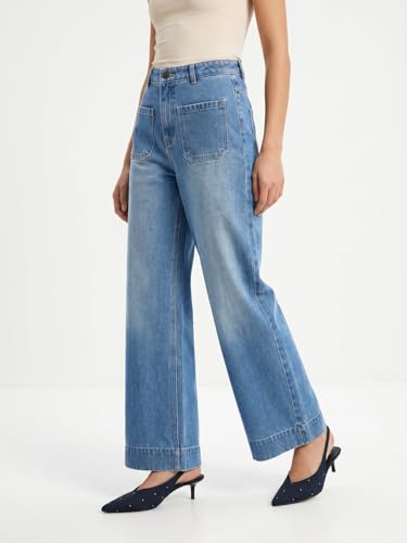 Image of Urbano Fashion Women's Mid Rise Wide-Leg Washed Jeans Non-Stretchable