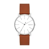 Skagen Signatur - Orologio minimalista da uomo, con cinturino in acciaio inossidabile o cinturino in pelle, Pelle marrone/argento, One Size, Signatur