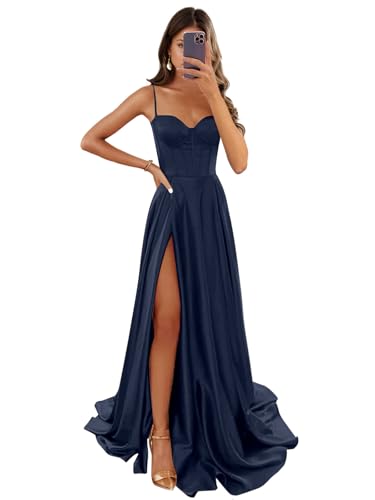 Women's Satin Prom Dresses for Women Spaghetti Straps Backless Slit Long Formal Evening Gowns4