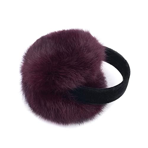 Surell Rabbit Fur Earmuff (Wine) - Women's Winter Ear Muff With Velvet Band - Furry Warmer - Thick Plush Outdoor Headwear - Girls Warm Warmers for Cold Weather - Winter Fashion Accessory