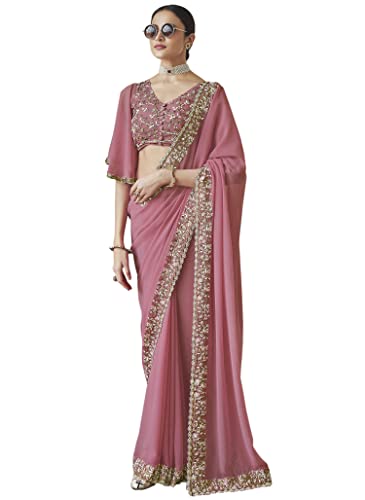TRENDMALLS Women's Georgette Lakhanvi Embroidery with Sequence Moti work Women Saree