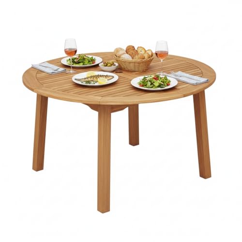 Tangkula 53' Round Outdoor Dining Table for 4-6 People, Acacia Wood Patio Table with Large Tabletop & 2' Umbrella Hole, Farmhouse Dining Furniture for Yard, Deck, Garden, Poolside