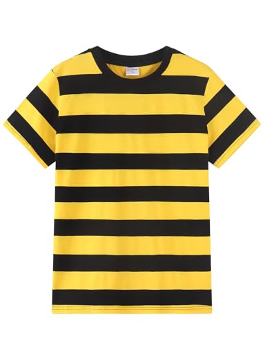 Spring&Gege Camiseta de manga corta con rayas y cuello redondo de algodón para niños Rayas negras y amarillas. 116 cm