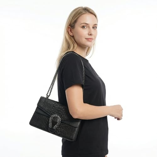 Image of Crossbody Shoulder Square Purse For Women - Fashion Embossed Snake-Print Leather Handbag Metal Chain satchel Tote Bag