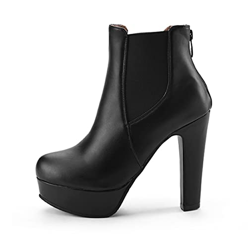 VOKLIN Women's Chunky Block High Heel Ankle Boots Round Toe Zipper Elastic Side Panel Dressy Short Booties2