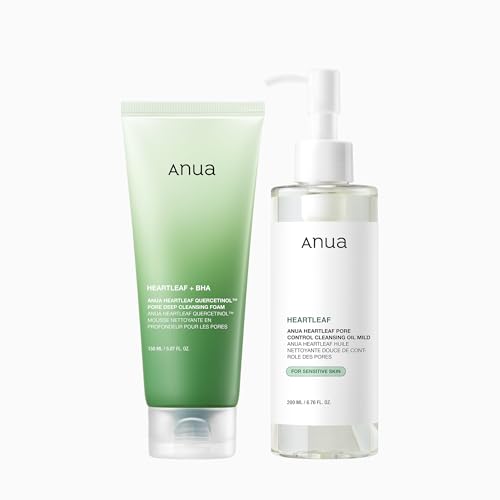 Anua Mild Double Cleanser Duo for Facial Cleansing : Heartleaf Pore Control Cleansing Oil Mild & Heartleaf Quercetinol Pore Deep Cleansing Foam for Double Cleansing, Blackhead Remover, Korean Skincare