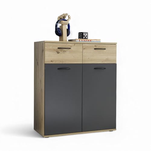 Liam - Cassettiera per camera dei ragazzi effetto rovere Artisan grafite moderna cassettiera con cassetti e molto spazio di archiviazione 80 x 95 x 38 cm larghezza x altezza x profondità