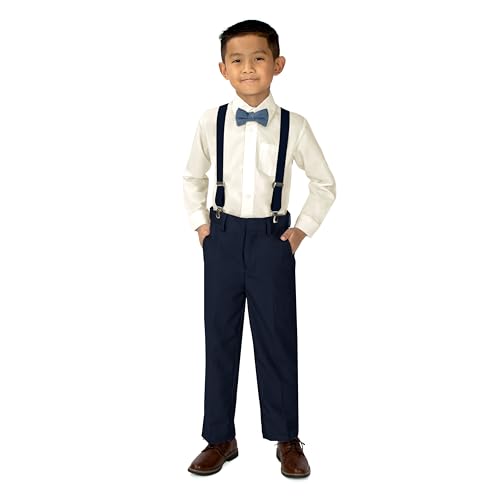 Spring Notion Boys' 4-Piece Linen Bow Tie & Suspender Outfit Navy & Ivory Set w/Navy Suspenders & Stormy Blue Bow Tie 7