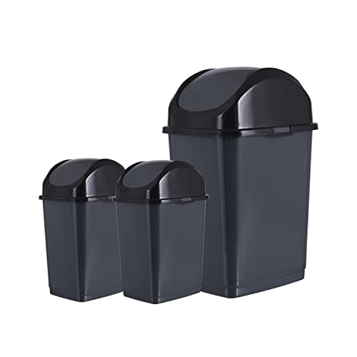 Image of Superio Swing Top Trash Can,Set of 3 Waste Bins for Home, Kitchen, Office, Bedroom, Bathroom, Ideal for Large or Small Spaces - White (Grey-18 qt+ 2 5 qt)