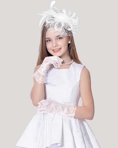 Girls Tea Party Fascinators Hats with Lace Gloves Pearl Necklace Earring Jewelry for Tea Party Wedding Accessories2