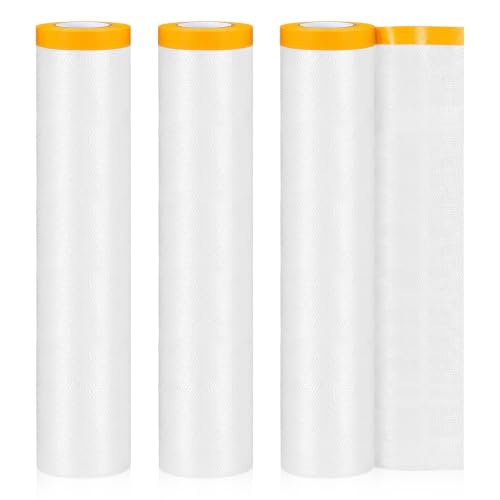 Image of Seajan 3 Roll Painters Plastic with Tape Pre Taped Masking Film for Painting Automotive Paint Adhesive Protective Film Masking Tape Roll Plastic Painting Covering (White,9 x 90 ft)