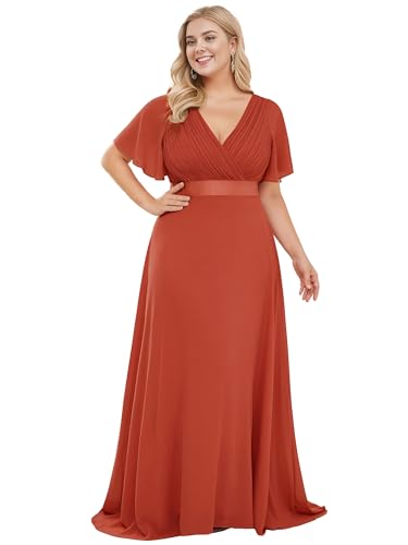 Ever-Pretty Plus Women's V Neck Mother of The Bride Dress Chiffon A Line Maxi Plus Size Evening Dress with Sleeves 09890-DAPH