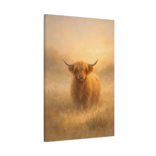 Toile vache Highland dorée pour sublimer un mur vide et sombre sans travaux