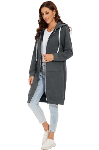 YOSICIL Damen Herbst Winter Outing Stil Frauen Warm Reißverschluss Öffnen Clubbing Dating Elegante Hoodies Sweatshirt Langen Mantel Jacke Tops Outwear Hoodie Outwear Kapuzenpullover,Dunkelgrau,4XL