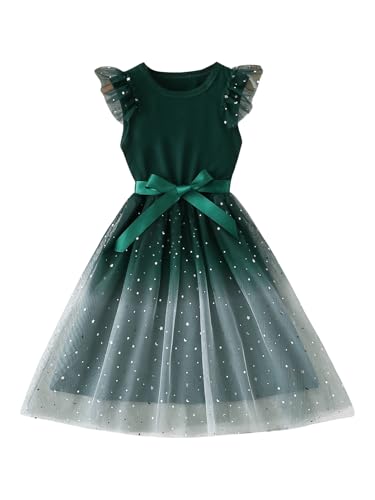 WDIRARA Girl's Sequin Mesh Tutu Dress Belted Ruffle Sleeveless Party Tulle Dresses