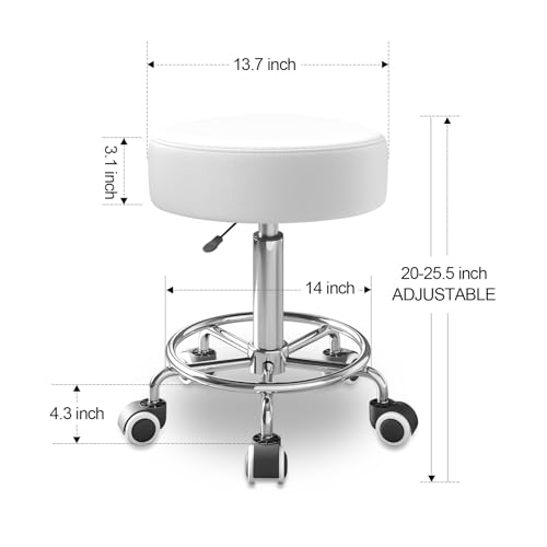 Image of Rolling Stool With Heavy Weight Capacity 250lb, PU Leather Seat, Wheels and Footrest - Ultra Soft Padded, 360 Swivel for Spa, Drawing, Salon, Work, Office, Tattoo (White)