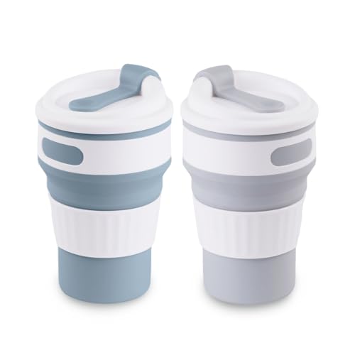 1st Heaven Collapsible Cups for Traveling, Food-Grade Silicone Foldable Cup, 12 oz Collapsible Cup with Lid, Suitable for Outdoor Activities and Travel (2PCS, Blue & Gray)